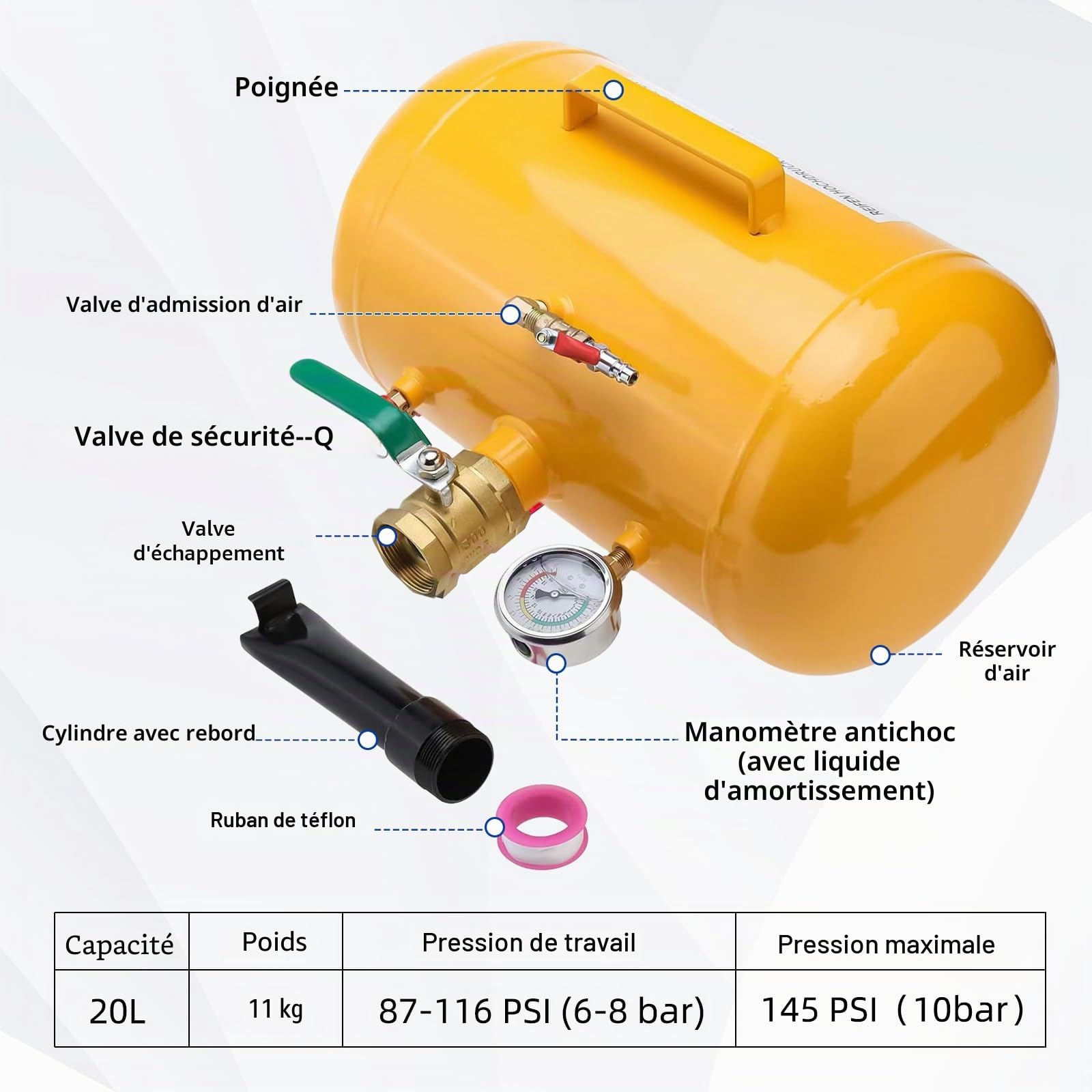 FreeTec Gonfleur Booster Pneu, 20L 5 Gallon Bonbonne Air Pneus, 6-8 Bar Gonfleur Jante Style Canon à Air et Bazooka avec Manomètre & Soupape de Sécurité pour Pneus 12R (24.5") Camion Tracteur, Jaune