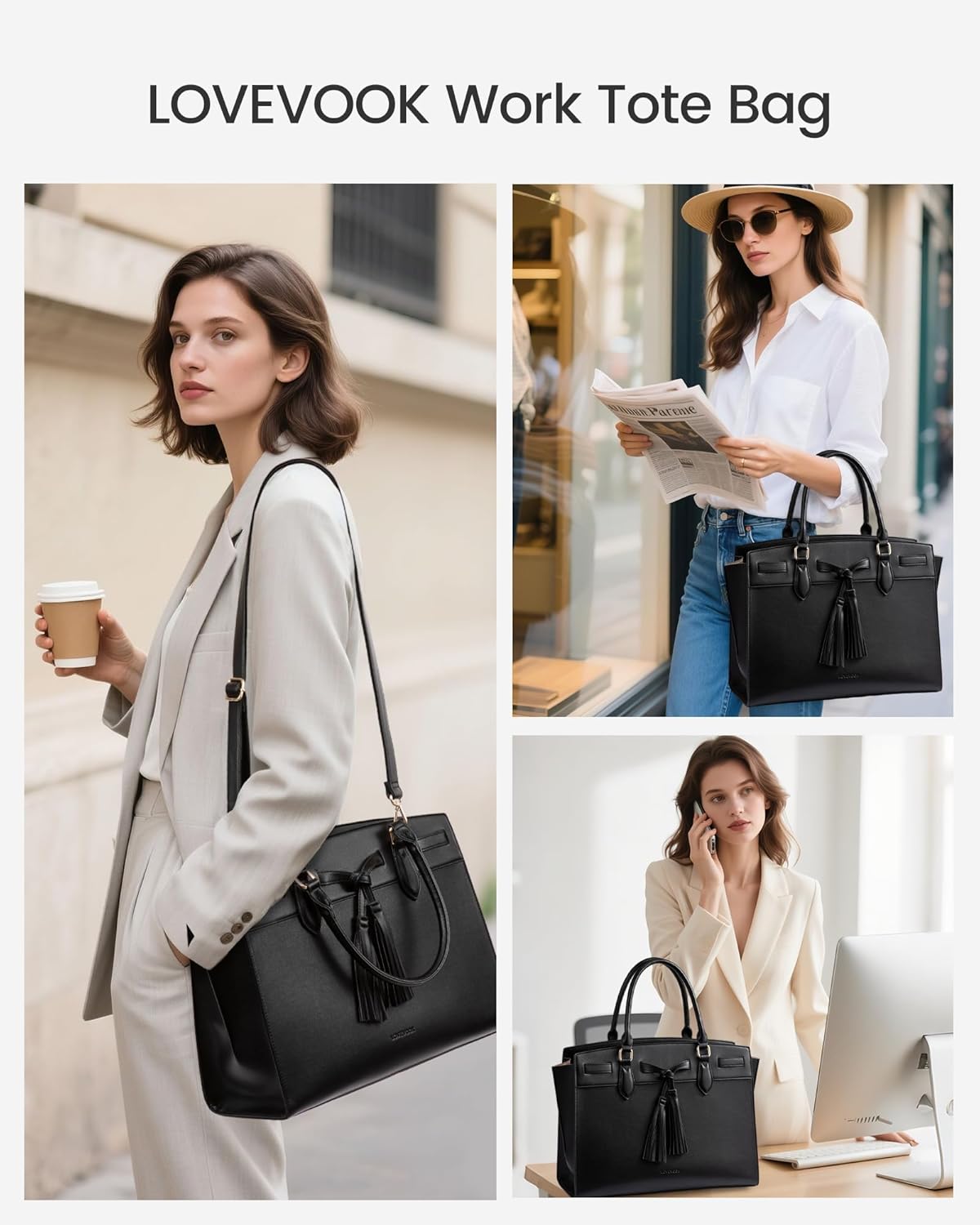 LOVEVOOK Laptop Bag for Women,Work Tote Bag with Large Cup Holder,Leather Computer Bag Teacher Bag Handbag Gifts for Women - Image 2