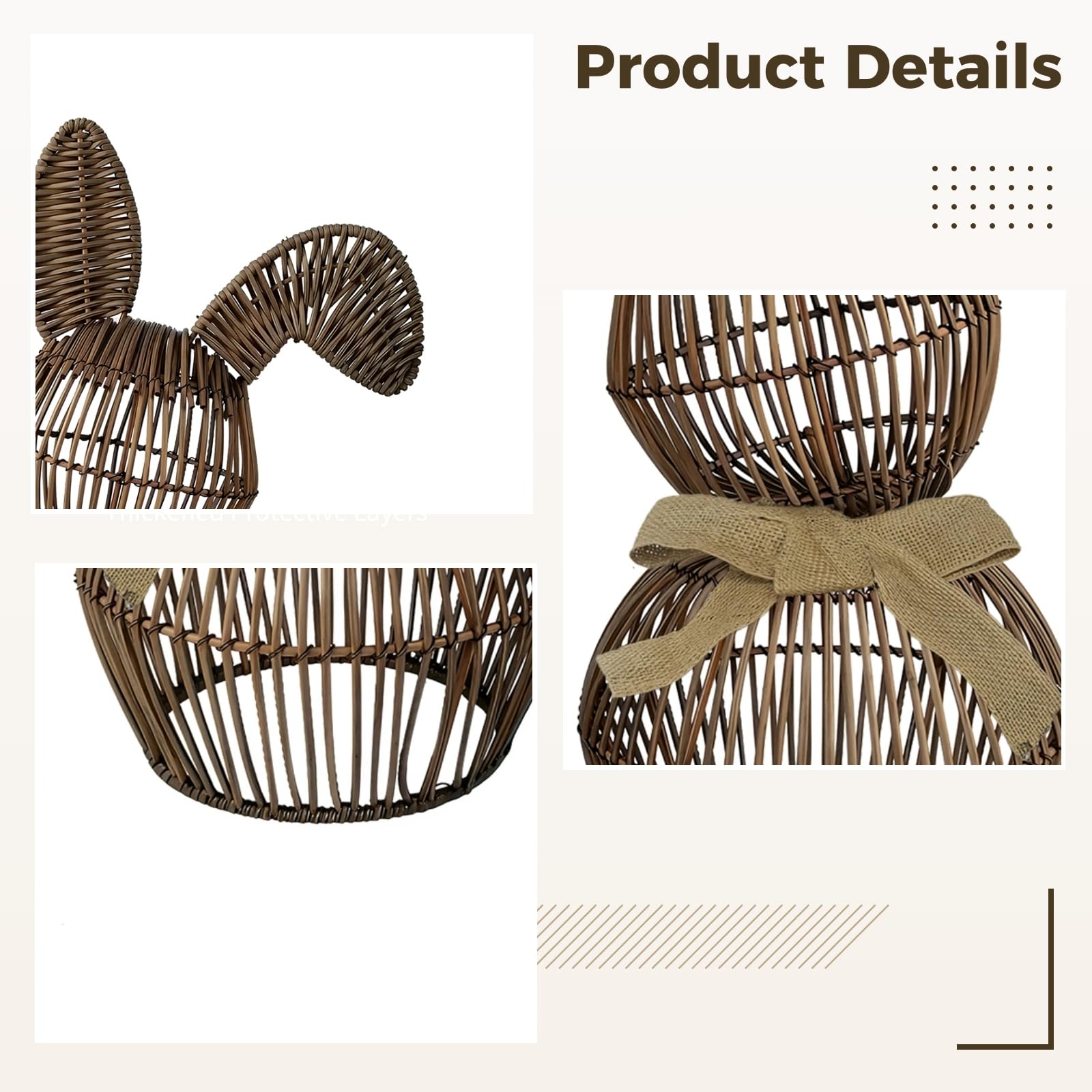 PONDON Cestino pasquale a forma di coniglietto, fatto a mano, in rattan, marrone, 15 x 30 cm, con fiocco in tessuto, temi pasquali, decorazione per la casa