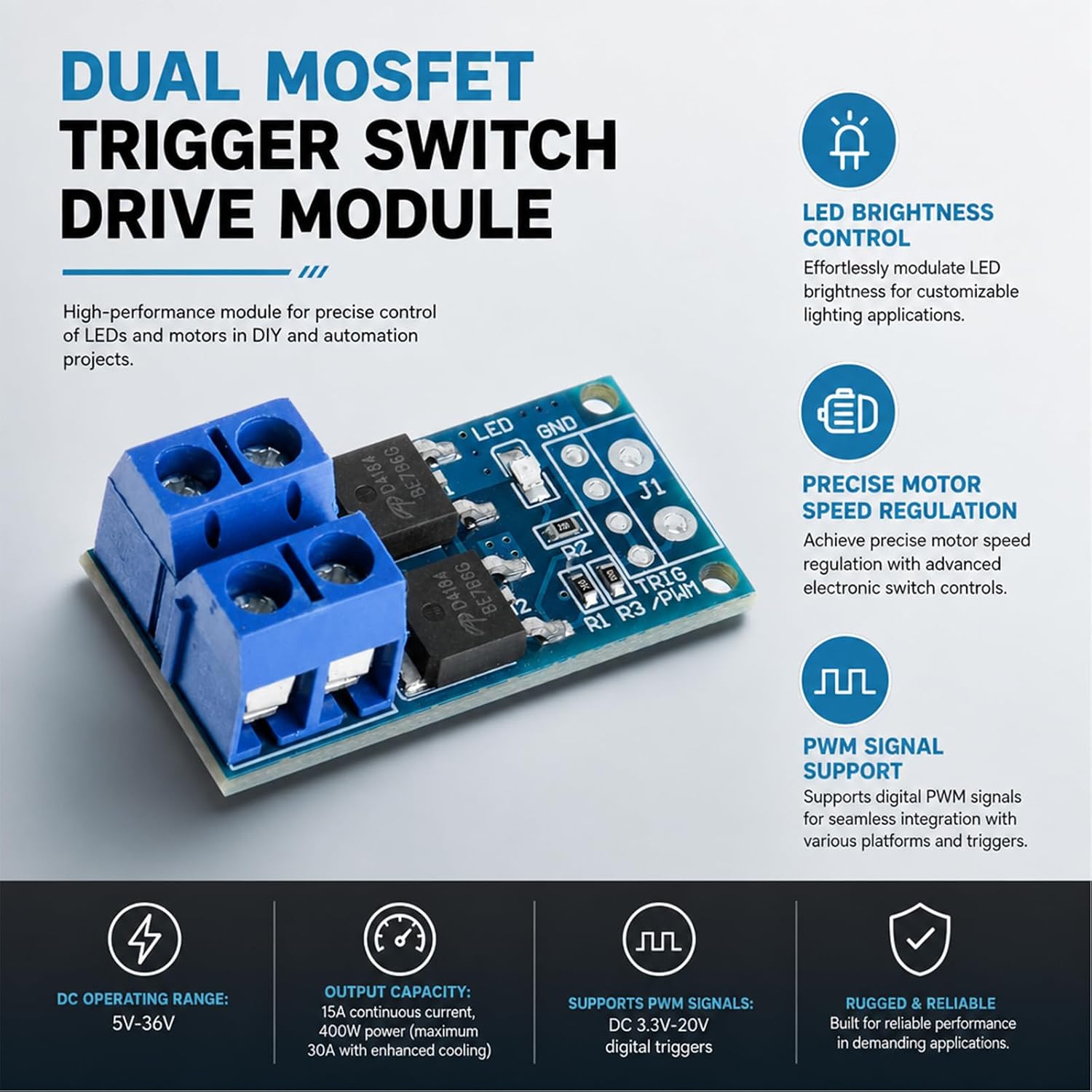 10-Pack MOSFET DC Motor Controller Module, 5V-36V 15A 400W | Dual high-power PWM trigger switch, supports 0-20kHz PWM signals, for LED and motor speed control