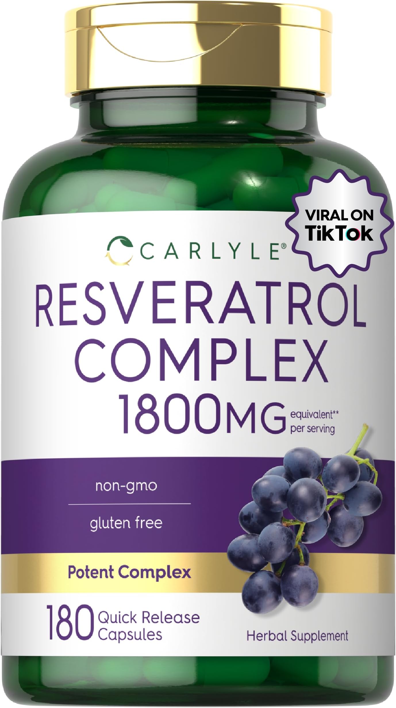 Carlyle Resveratrol Complex - 180 Capsules - Trans Resveratrol Supplement with Grape Seed Extract - Non GMO, Gluten Free