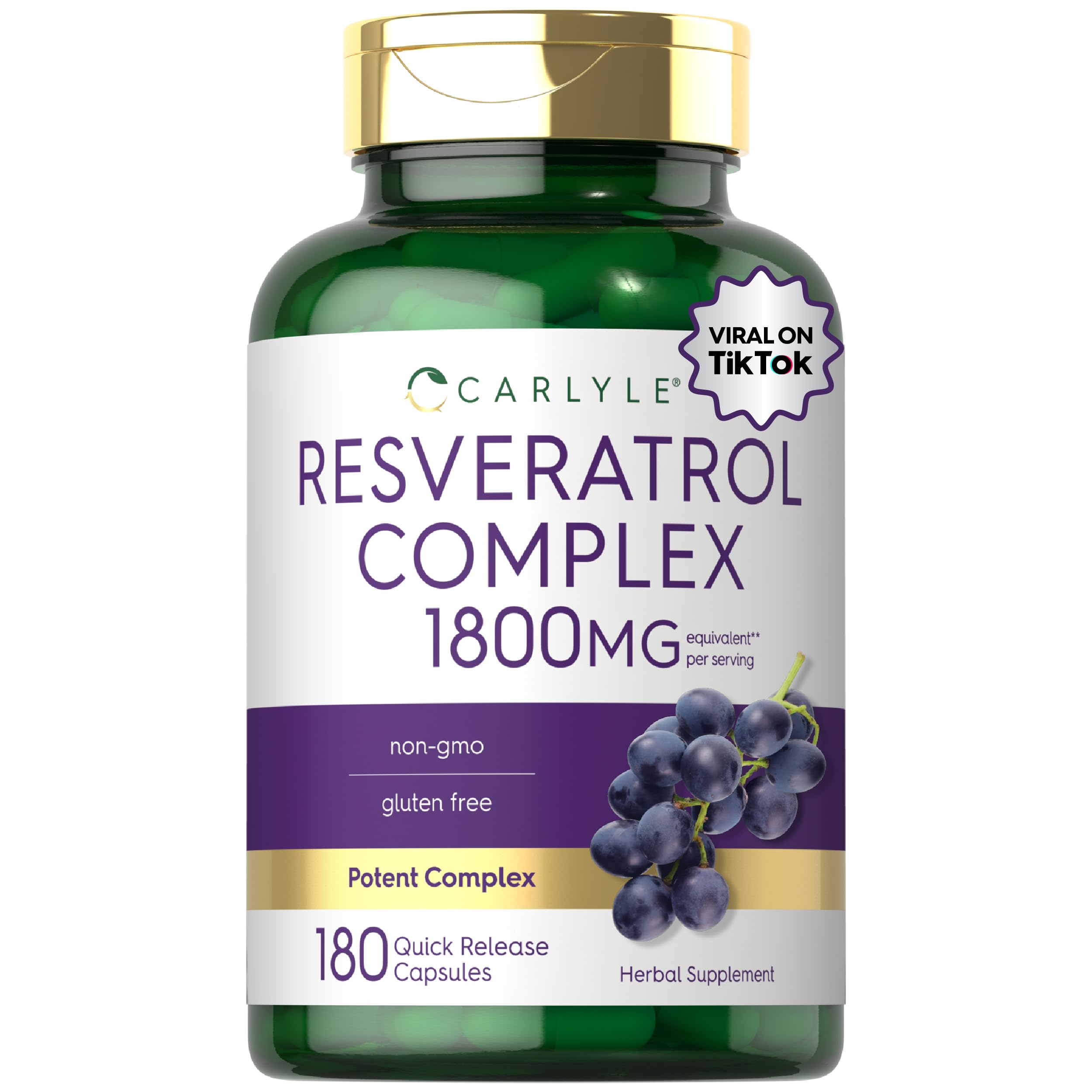 Resveratrol Supplement 1800mg | 180 Capsules | Non-GMO & Gluten Free | Potent Complex
