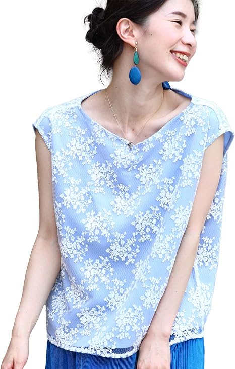 Amazon フレンチパヴェ Cawaii レース ブラウス スクエア トップス レディース ノースリーブ ボートネック 花 夏 Sm ブルー シャツ ブラウス 通販