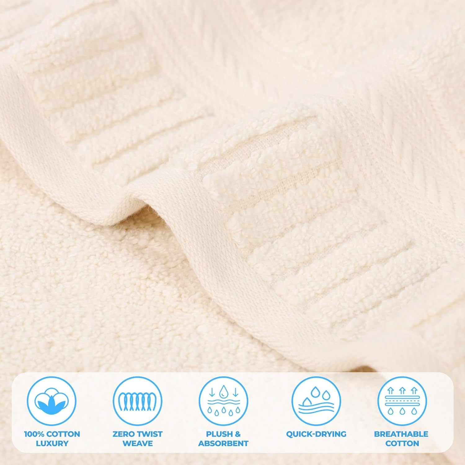 Superior Venice Zero Twist Cotton Medium Weight Towels, for Guest Bath, Bathroom, Shower, Spa, Plush Towels, Bath Essentials, Ribbed Textured Border, 8 Piece Assorted Towel Set, Ivory