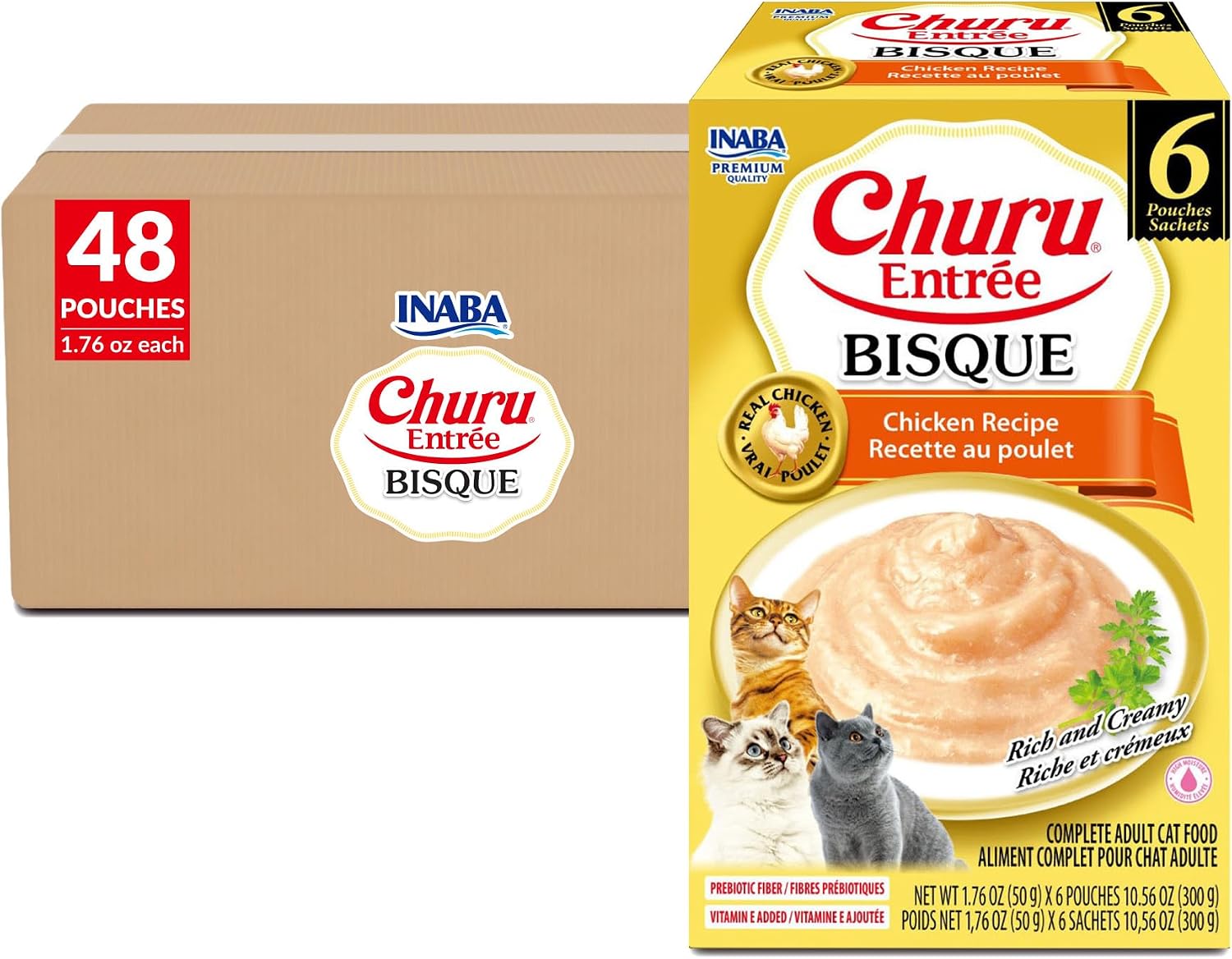 INABA Churu Entrée Bisque for Cats, High Protein & Moisture, Prebiotic Wet Cat Food, 1.76oz. per Serving, 48 Pouches, Chicken Recipe