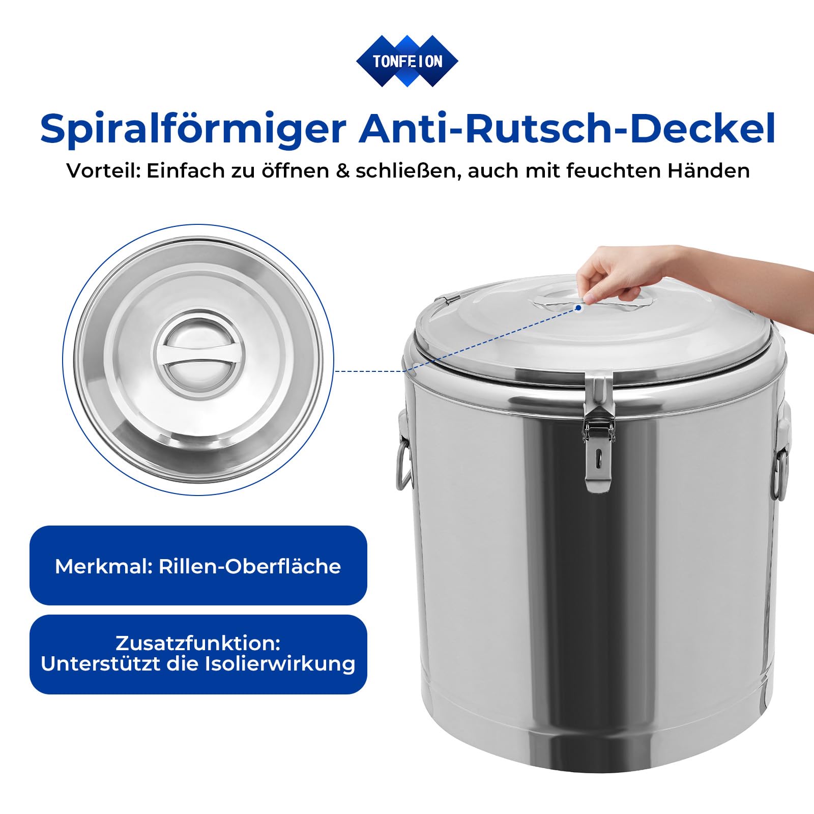 Thermobehälter Edelstahl 40L Thermoschüssel mit Deckel, Gummiring und Spannverschluss, Warmhaltebehälter Thermobox für Essen, Alle Arten Von Partys, Picknicks Im Freien