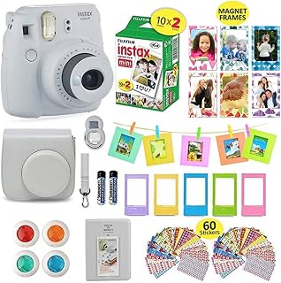 Fujifilm Câmera instantânea Instax Mini 9 + estojo de transporte compatível com obturador + pacote econômico Fuji Film (20 folhas) + pacote de acessórios para obturador, filtros de cor, álbum de fotos, molduras sortidas (branco esfumaçado)