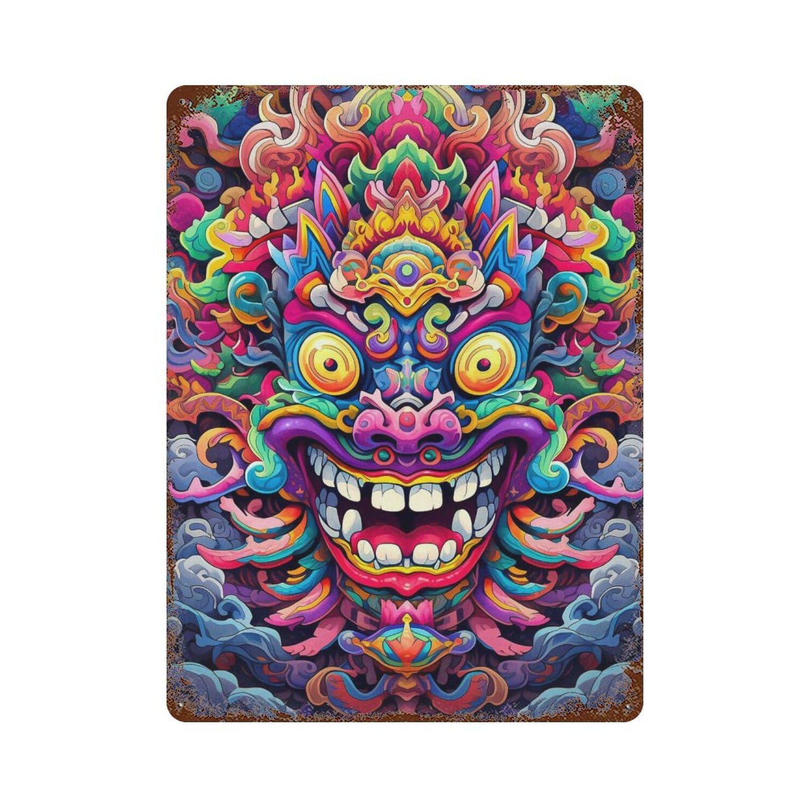 Vintage Rust Metal Sign with Colorful Demon Mask Artwork-1 Design 15.7"x11.8", for Shed, Workshop And Garage Wall Decor, Retro Wall Decor