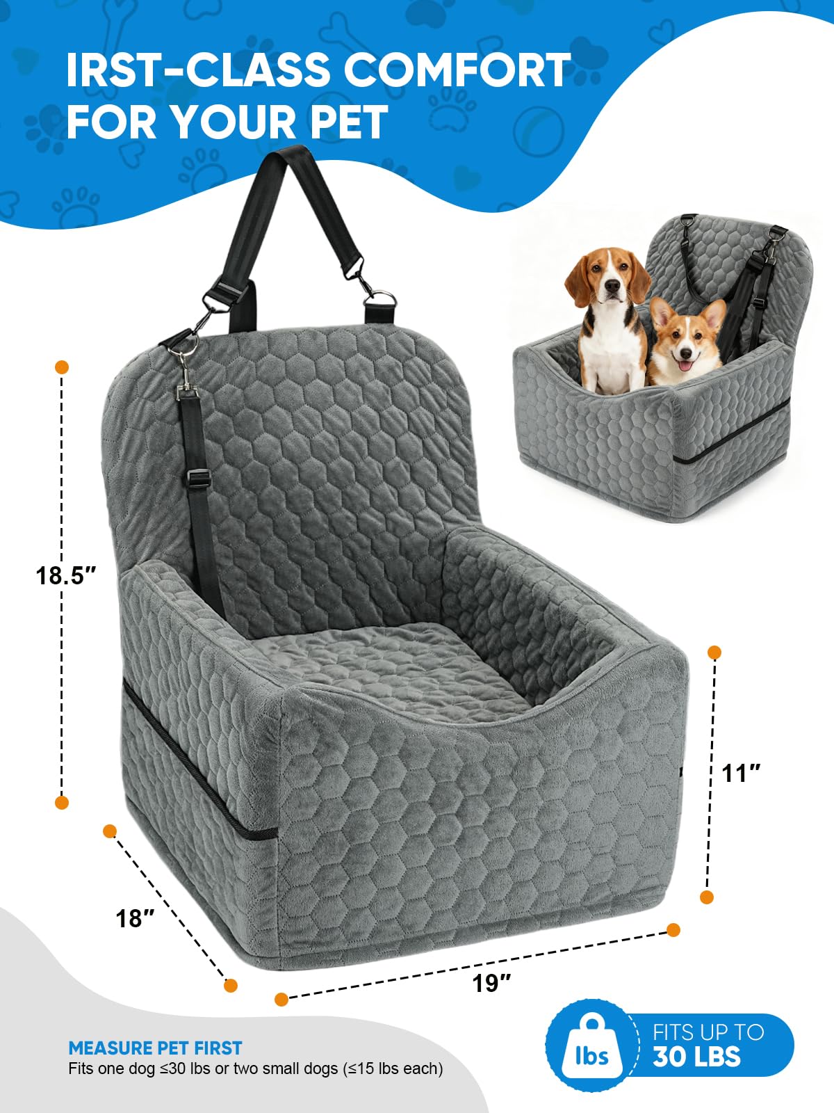 Dog Car Seat for Small/Medium Pets, Adjustable Booster Seat with Safety Leash, Washable Cover & Storage Pockets (Up to 35 lbs, Gray) - image 2