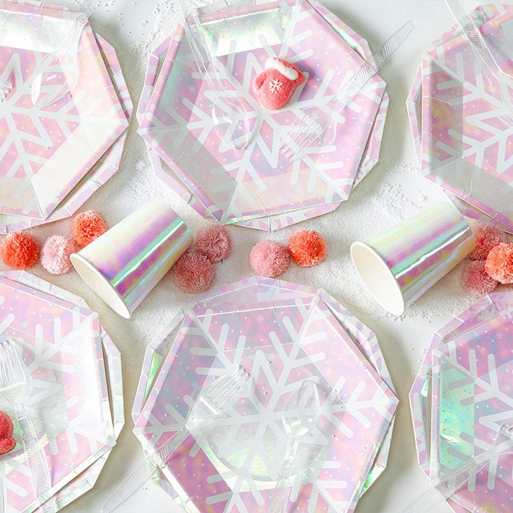 Christmas Snowflake Party Supplies Set Serves 16, Iridescent Pink Themed Party Supplies, Snowflake Paper Plates, Paper Napkins, Paper Cups Straws Spoons Forks