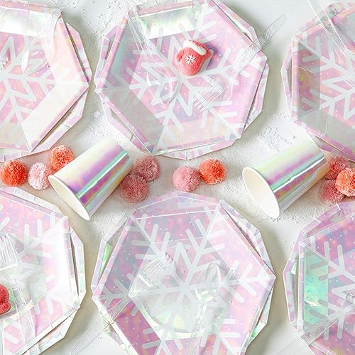 Miniatura 3 de Juego de suministros de fiesta de copo de nieve de Navidad sirve 16, suministros de fiesta temática rosa iridiscente, platos de papel de copo de