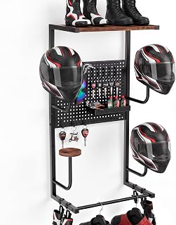 Motorcycle Helmet Holder Wall Mount, 4 Helmet Rack with Pegboard Gear Hooks | Helmet Storage Rack with 4 Glove Clips and Hooks Tray for Gear Accessories, Motorcycle Helmet Stand in Garage, Living Room