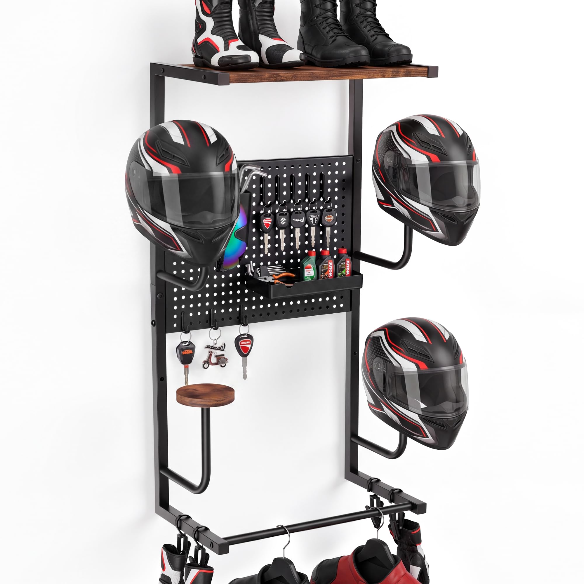 Motorcycle Helmet Holder Wall Mount, 4 Helmet Rack with Pegboard Gear Hooks