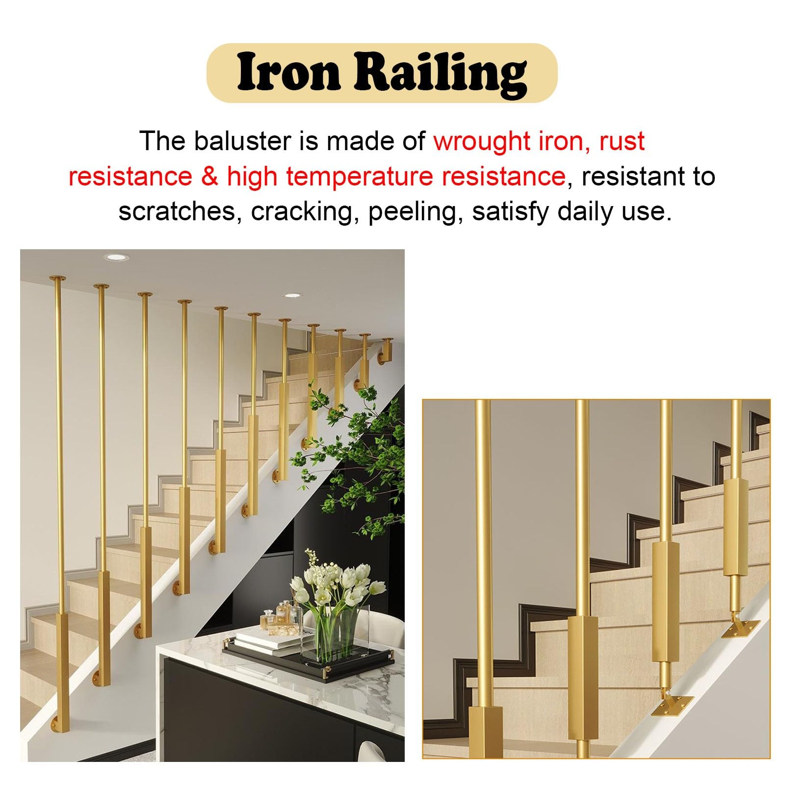 Ringhiera Per Scale Balaustre per scale personalizzabili in ferro nero per interni, Moderno ponte balaustre per case decorativo, Oro/bianco Colonna a balaustro per mansarda/corridoio(Black,150cm)