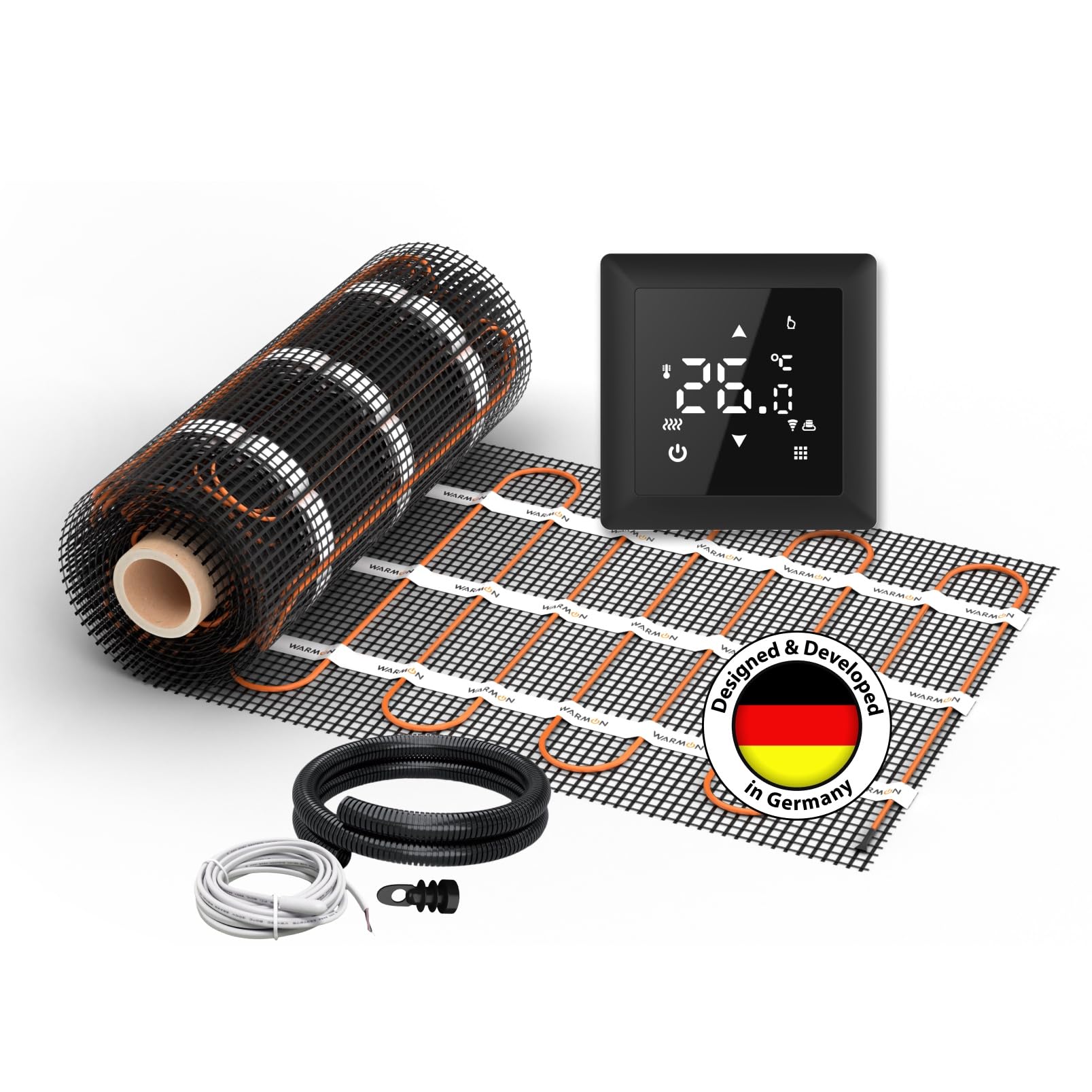 Elektryczne ogrzewanie podłogowe do płytek: dwużyłowa mata grzewcza WARMON CLASSIC 150 W/m² z termostatem TS 100 seria Smart WiFi Touch, termostat: TS100 WiFi, czarny, rozmiar maty: 8 m²