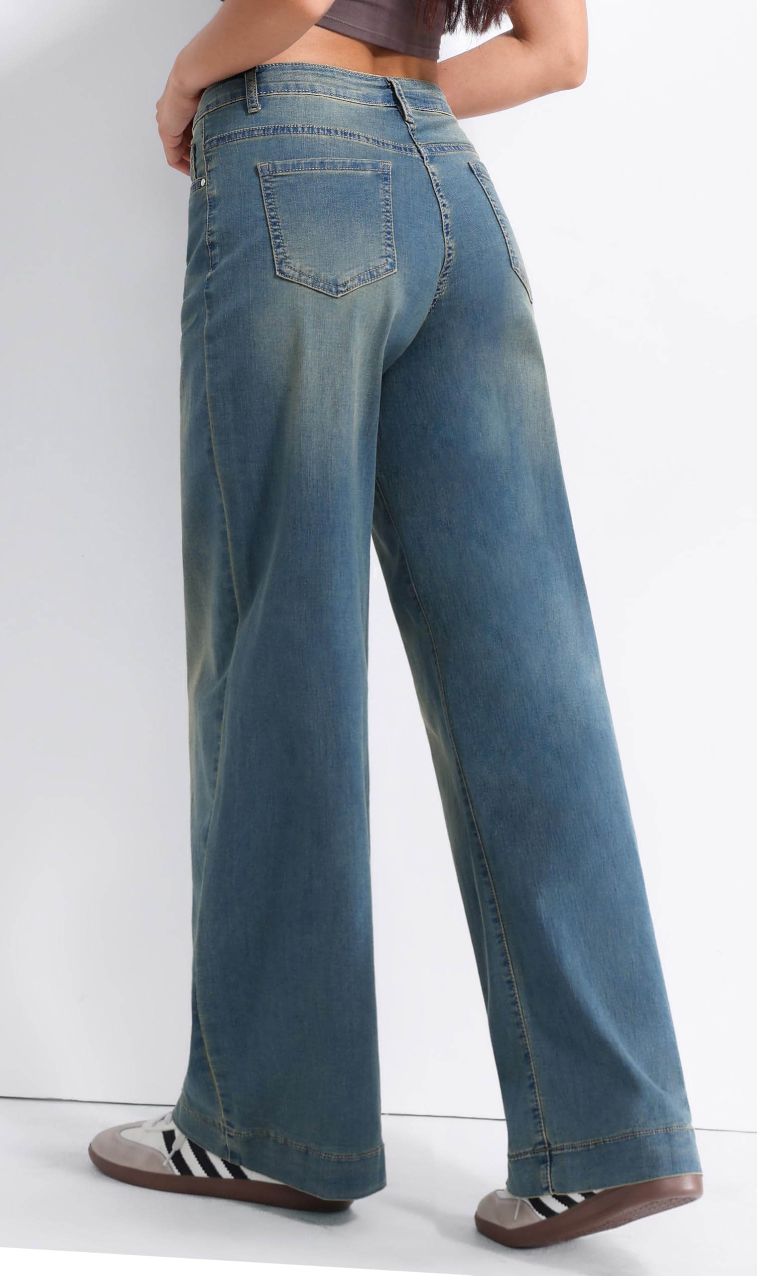 Jeans Donna Vita Alta Gamba Larga Denim Elasticizzato Lavaggio Chiaro Casual Streetwear Comodi