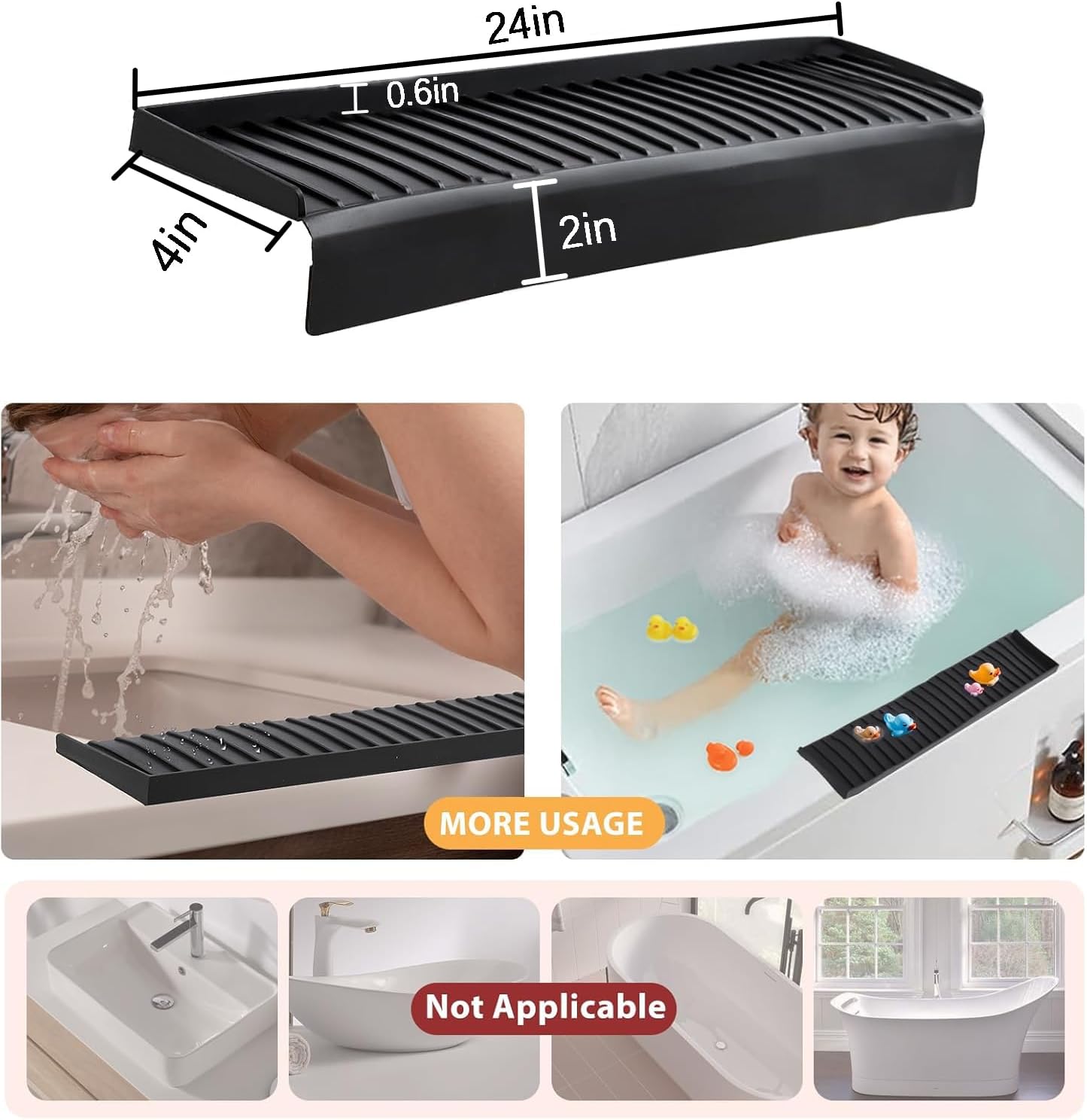 Sink Edge Protector with Suction Cup 4"x24", Silicone Sink Splash Guard for Kitchen & Bathroom, Protect Countertop from Scratches, Stains, for Stainless Steel Granite Quartz-Black
