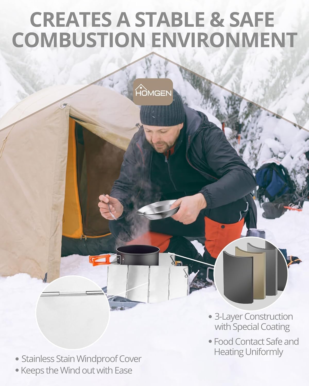 HOMGEN 17-Piece Camping Cooking Set with Stove Windshield & 2 Plates - Lightweight Aluminum Nesting Pot/Frying Pan Teapot - Complete Camping Mess Kit for Backpacking Picnics Outdoor Cooking Camping