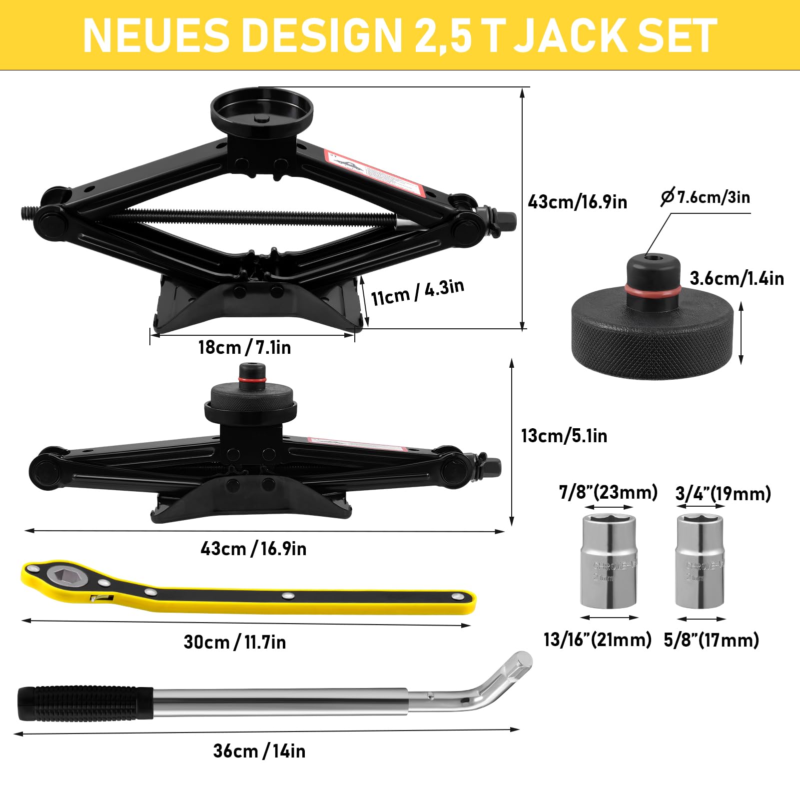 Kuppelschere Wagenheber Scherenwagenheber 3T (3000kg), Universelle Scherenwagenheber für Auto mit Gummiauflage, mit Lug Schraubenschlüssel Reifen Wechselsatz für Auto SUV MPV