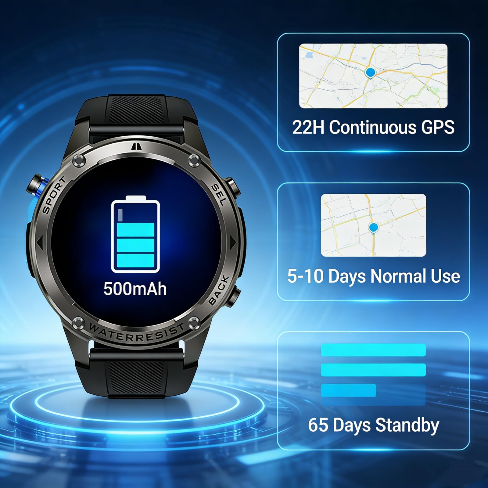 AIEK Smartwatch da Uomo, GPS Orologio Sportivo,65 Giorni Standby,5ATM Impermeabile per Nuoto, Chiamate Bluetooth, Fitness Tracker 170+ Sportive, Sonno Bussola,Compatibile iOS Android (Nero)