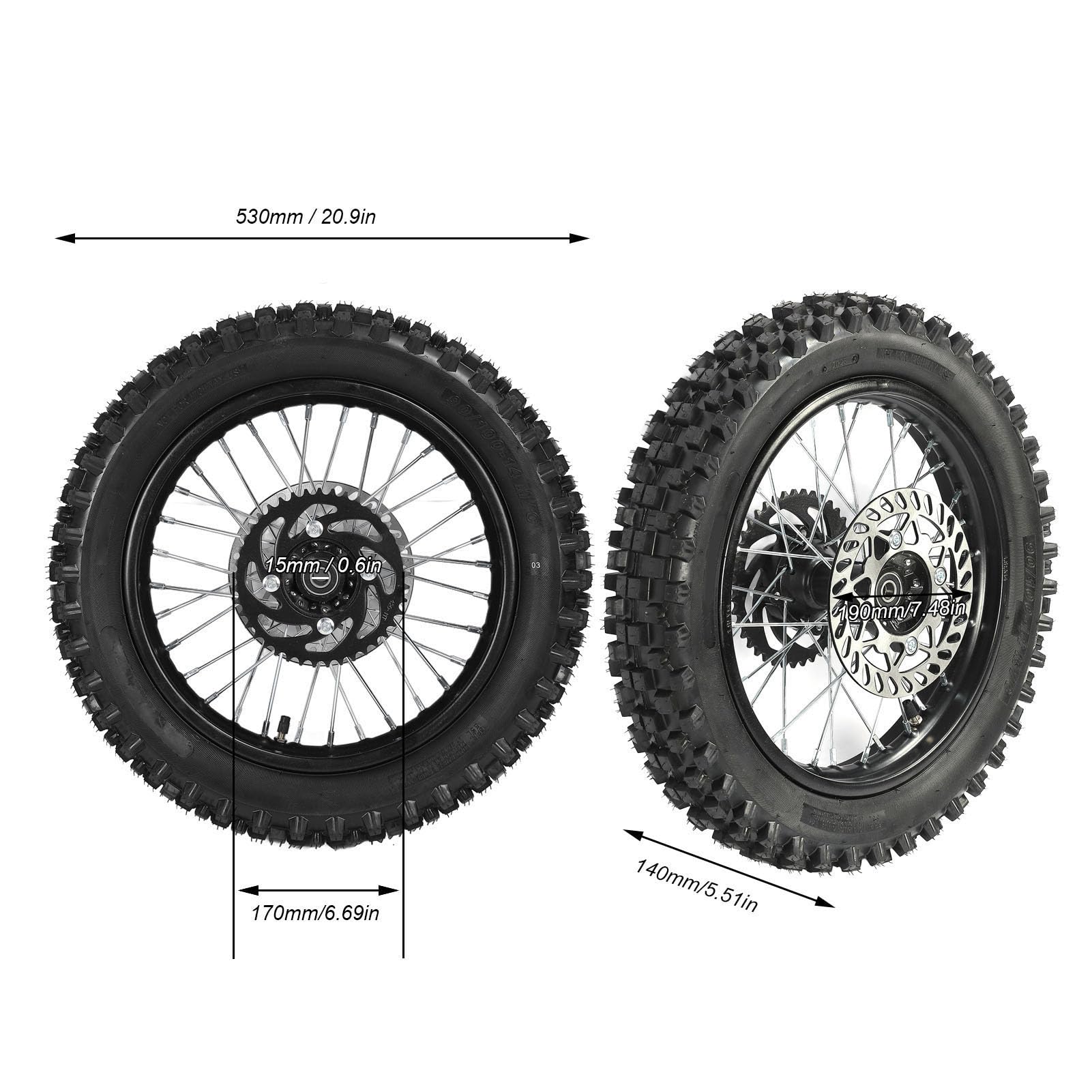 Ensemble de Pneus de Jante de Roue Arrière, Poignée Améliorée pour Tao Kayo TSD 110 TD 125 14 Pouces 90/100-14, Arbre de 15mm (Expédié avec du gaz)