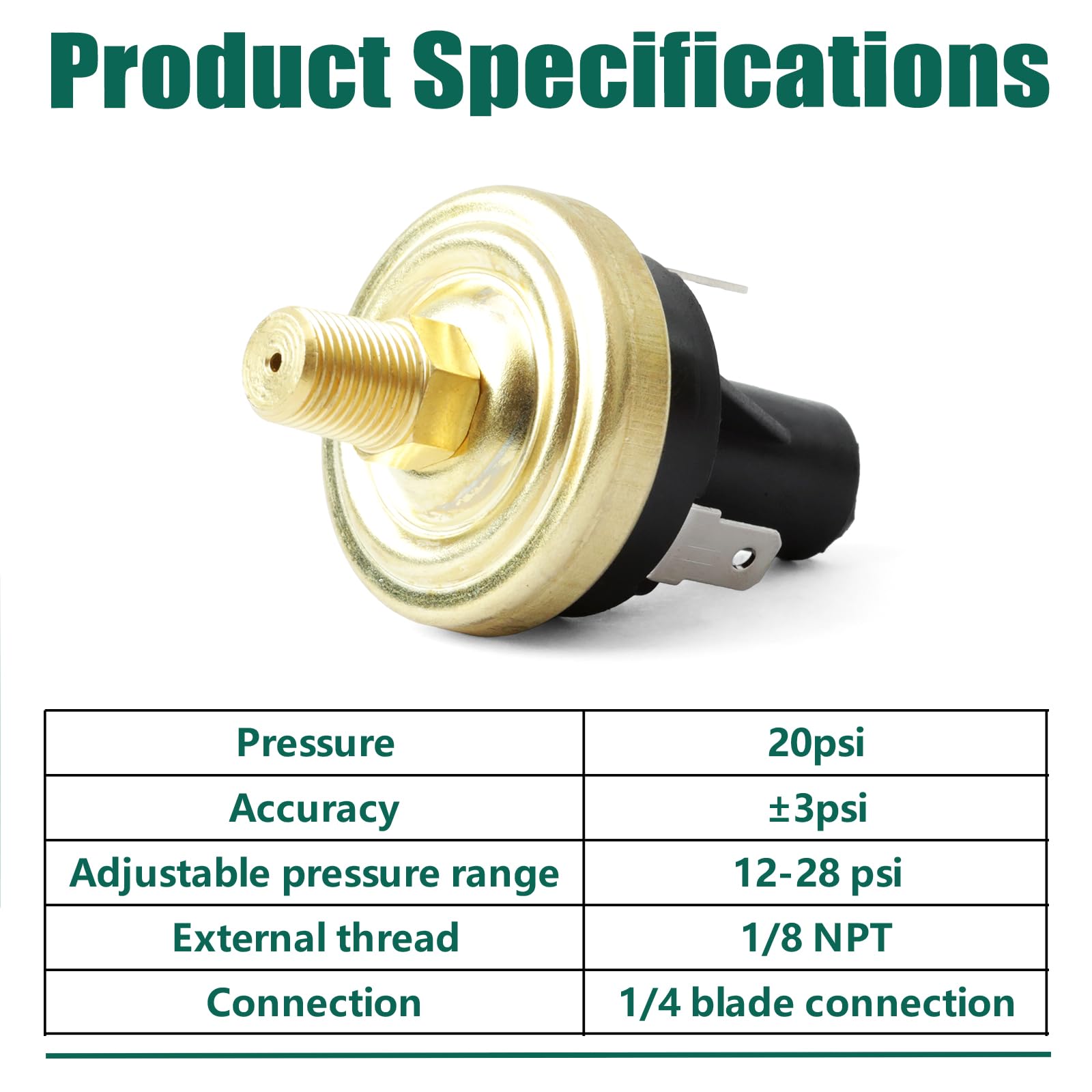 YUXIVCNE Pressostat réglable de rechange 20 psi ± 3 psi pour applications sous vide d'eau, d'huile, paramètres industriels, contrôle de pression étendu, gamme 12-28 psi, 1/8 NPT et taille 1/4