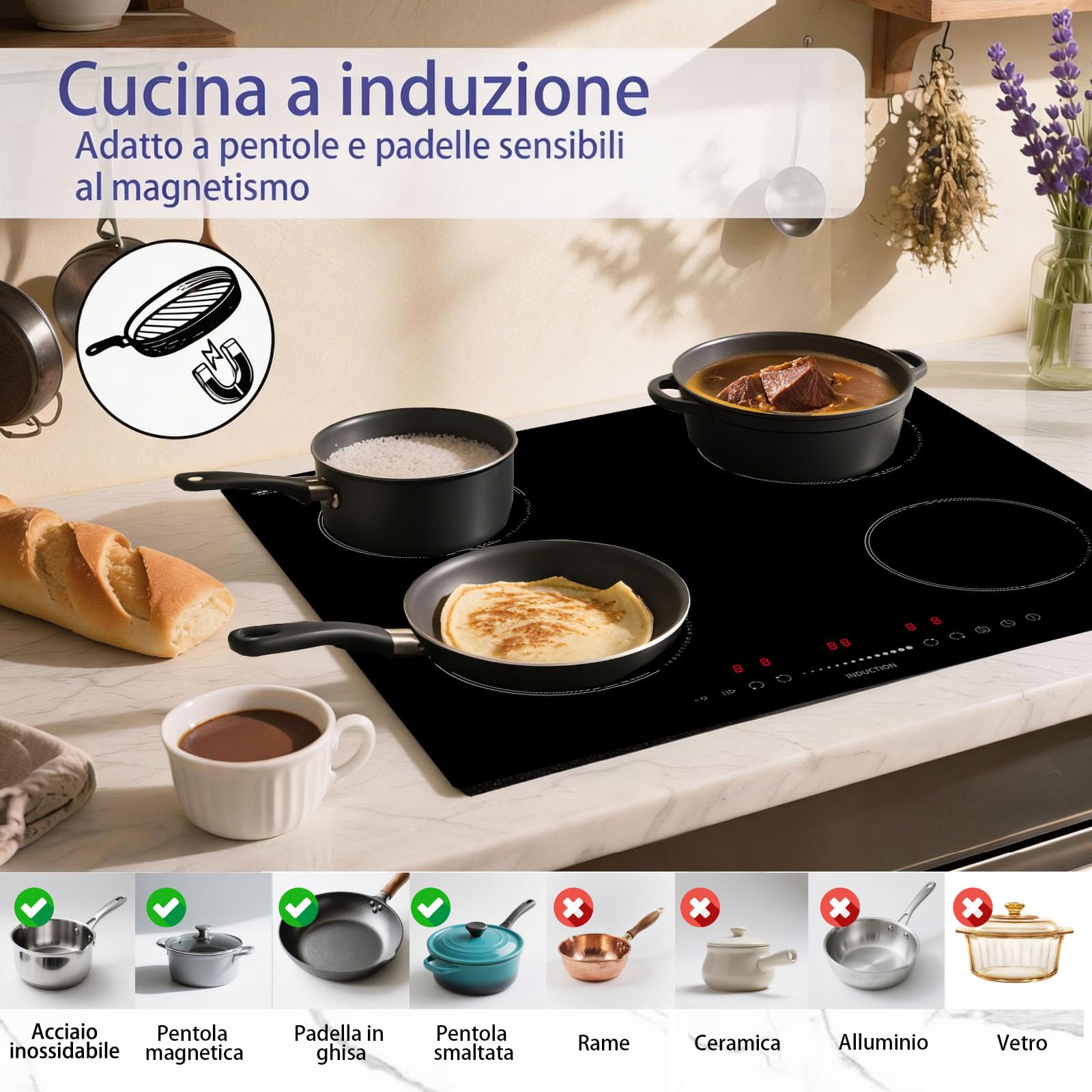 Płyta indukcyjna z 4 palnikami, 59 cm, 7400 W, płyta indukcyjna STARCHARTS z funkcją Boost, bezpieczeństwo dzieci, suwak dotykowy, pauza, timer, szkło Italy ILVA