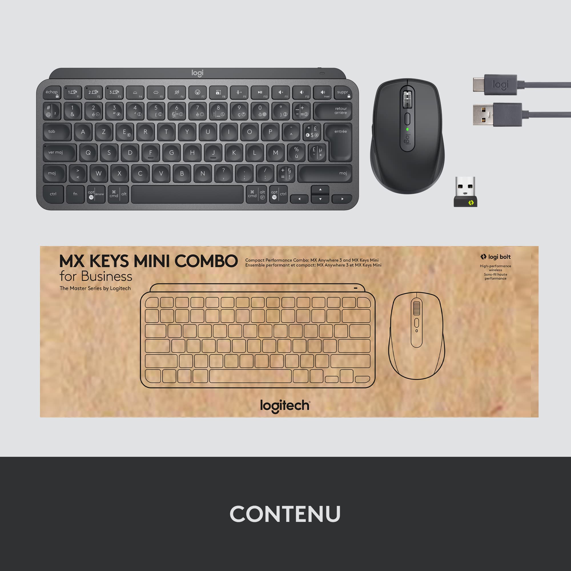 Logitech MX Keys Mini Combo for Business, Clavier et Souris sans Fil compacts, Technologie Logi Bolt, Bluetooth, certifié Windows/Mac/Chrome/Linux - Gris