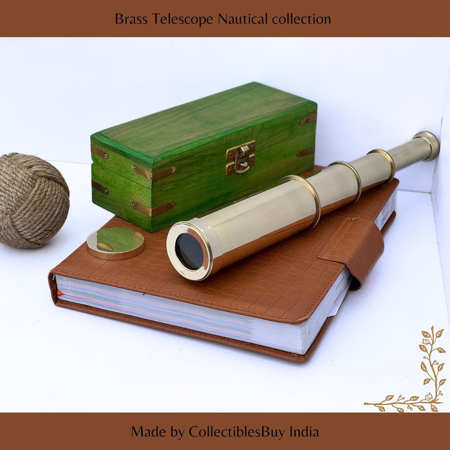 Vintage Brass Nautical Spyglass Antique Handheld Mini Telescope with Green Wooden Box Maritime Pirate Decor for Home, Office Desk & Collectors Gift