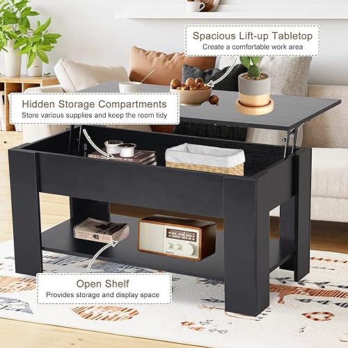 Miniatura 22 de Mesa auxiliar moderna, blanca, elevadora, madera, estante de almacenamiento, 28 x 28 x 24 pulgadas Blanco,Negro