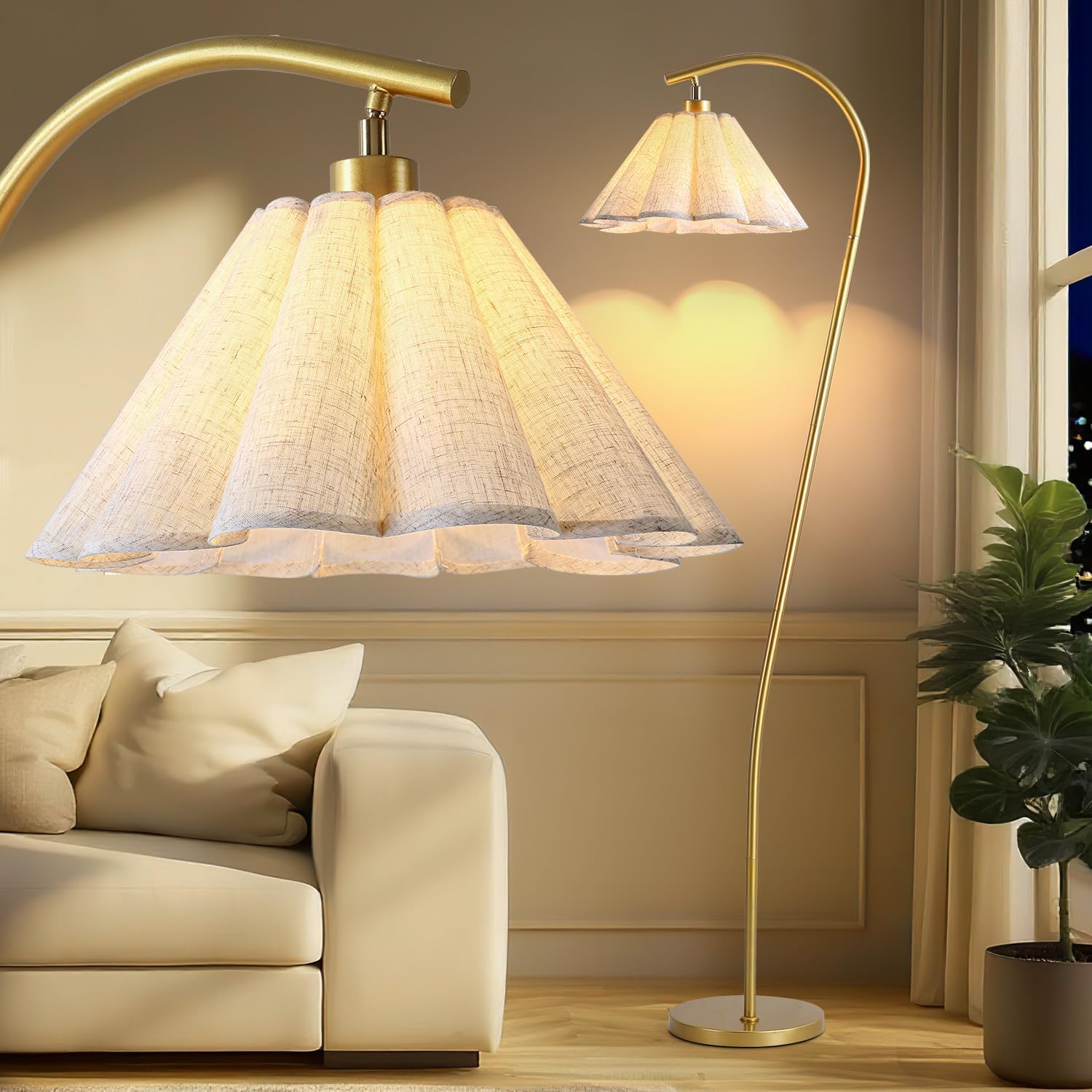 Floor Lamp with Pleated Linen Lampshade, Modern Flower Floor Lamp for Living Room Arc Standing Lamp, Gold Tall Lamp for Bedroom Office Dining Room, Bulb Included (Gold + Flax Color, 66.1IN)