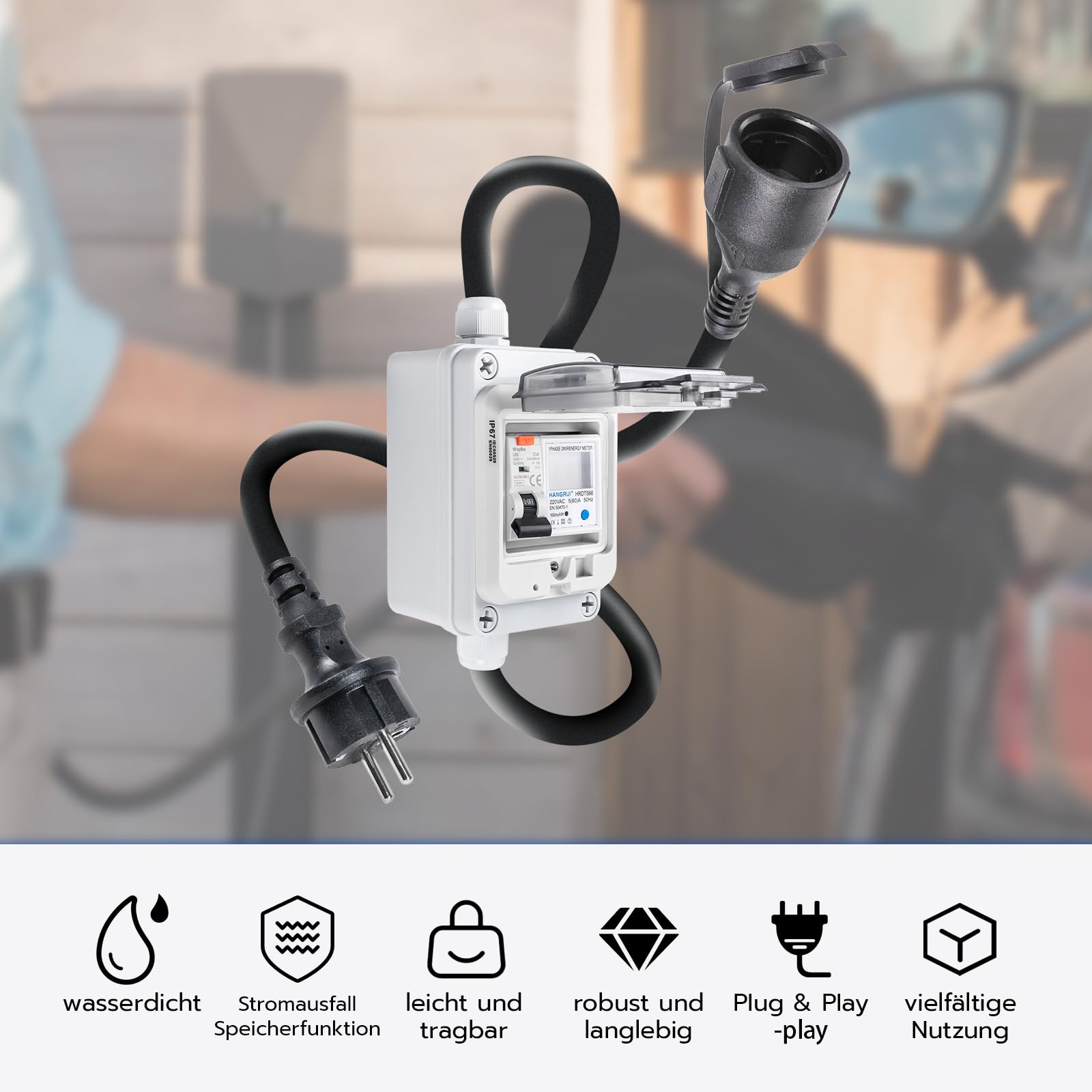230VAC 16A Mobiler Digitaler Stromzähler für Steckdose mit FI Schutzschalter Typ A,230V IP44 Schuko Stecker,Zwischenzähler Strom mit IP67 Stromzählergehäuse