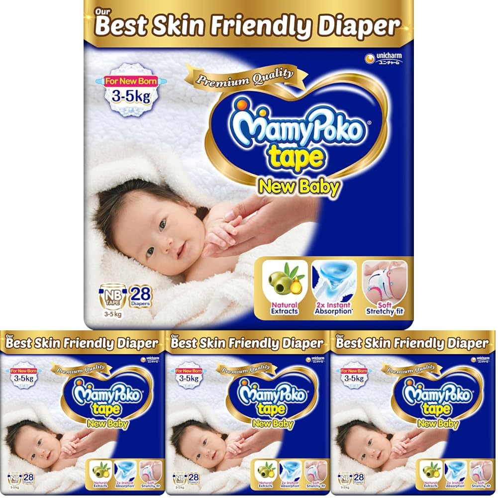 Mamypoko New Baby| Tape Style Baby Diapers, 28 Count, 3-5kg||2x Instant Absorption| Soft stretchy fit |Natural Extracts for Nourishment | Loose Stool Stopper, Wetness Indicator (Pack of 4)-image-8