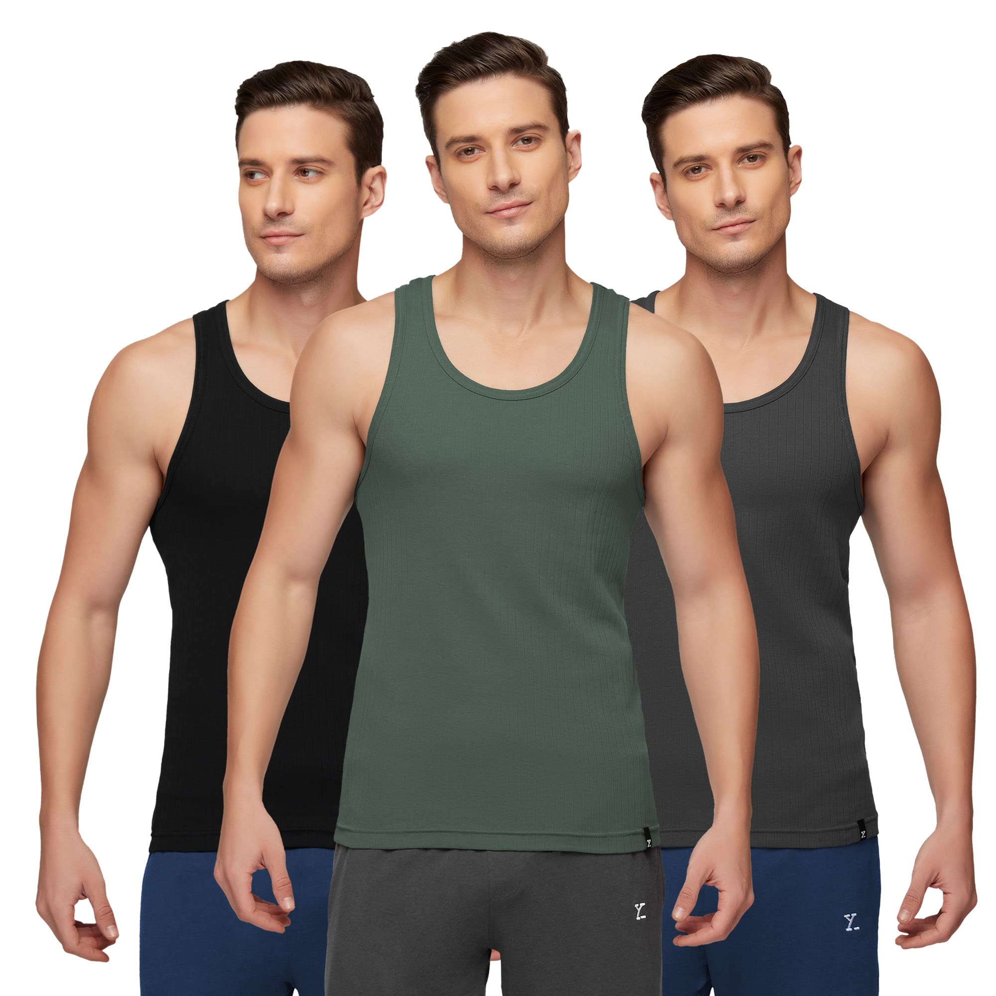 Men's 100% Combed Cotton Ribbed Regular Fit Solid Round Neck Vest | Anti Bacterial Finish, Racer Back Baniyan for Man, Tag Free Comfort Man's Inner (Pack of 3)