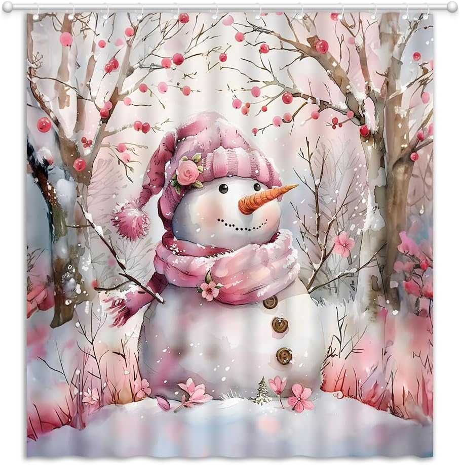 Pink Christmas Snowman Shower Curtain Rustic Flowers Romantic Winter Xmas Holiday Watercolor Fabric Bathroom Curtain with Hooks, 70Wx84H