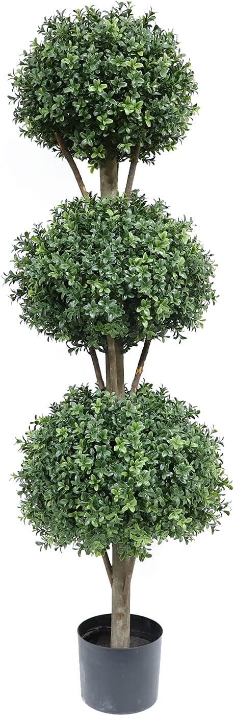 2Pcs Artificial Triple Ball Boxwood Topiary Trees, 46.5 Inch Faux Boxwood Plants Potted for Restaurant, Porch,Home,Garden Decor