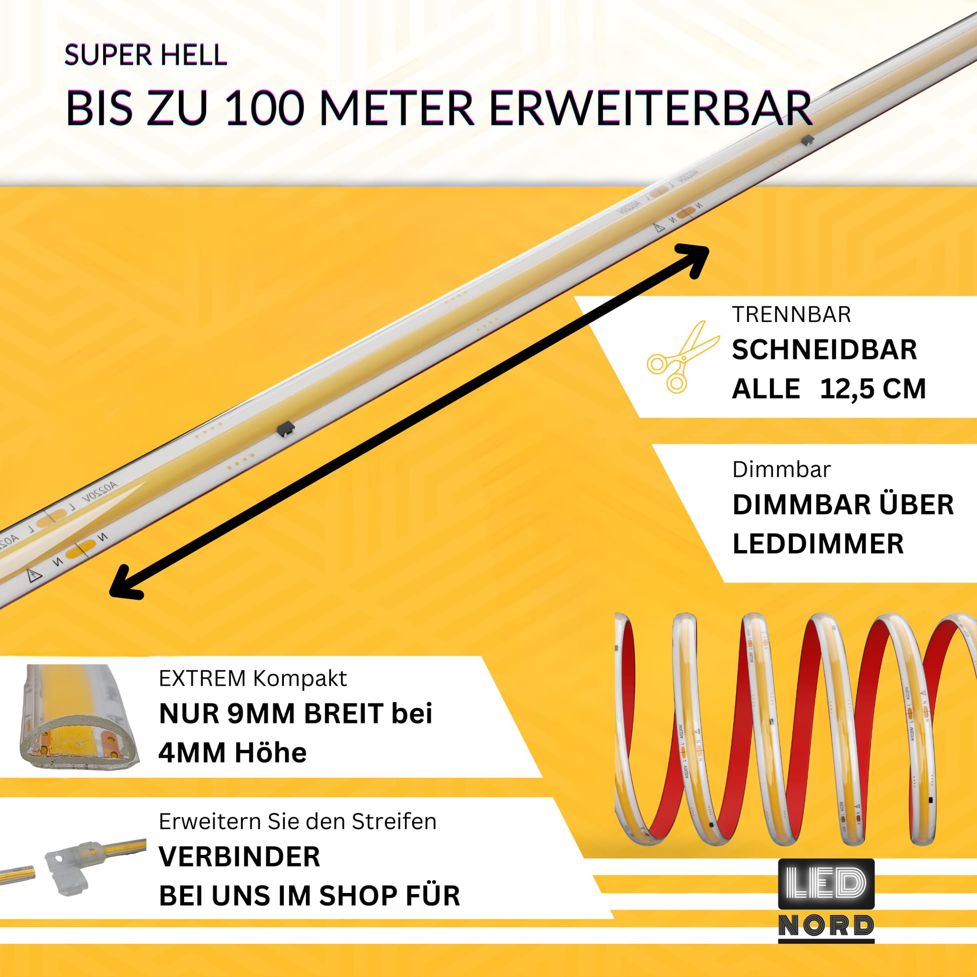 Taśma LED COB 230 V 20 m ciepła biel 3000 K, ściemniana taśma świetlna LED IP67, 10 W/m, do 1100 lm/m, możliwość przycięcia co 12,5 cm, samoprzylepna, do wewnątrz i na zewnątrz