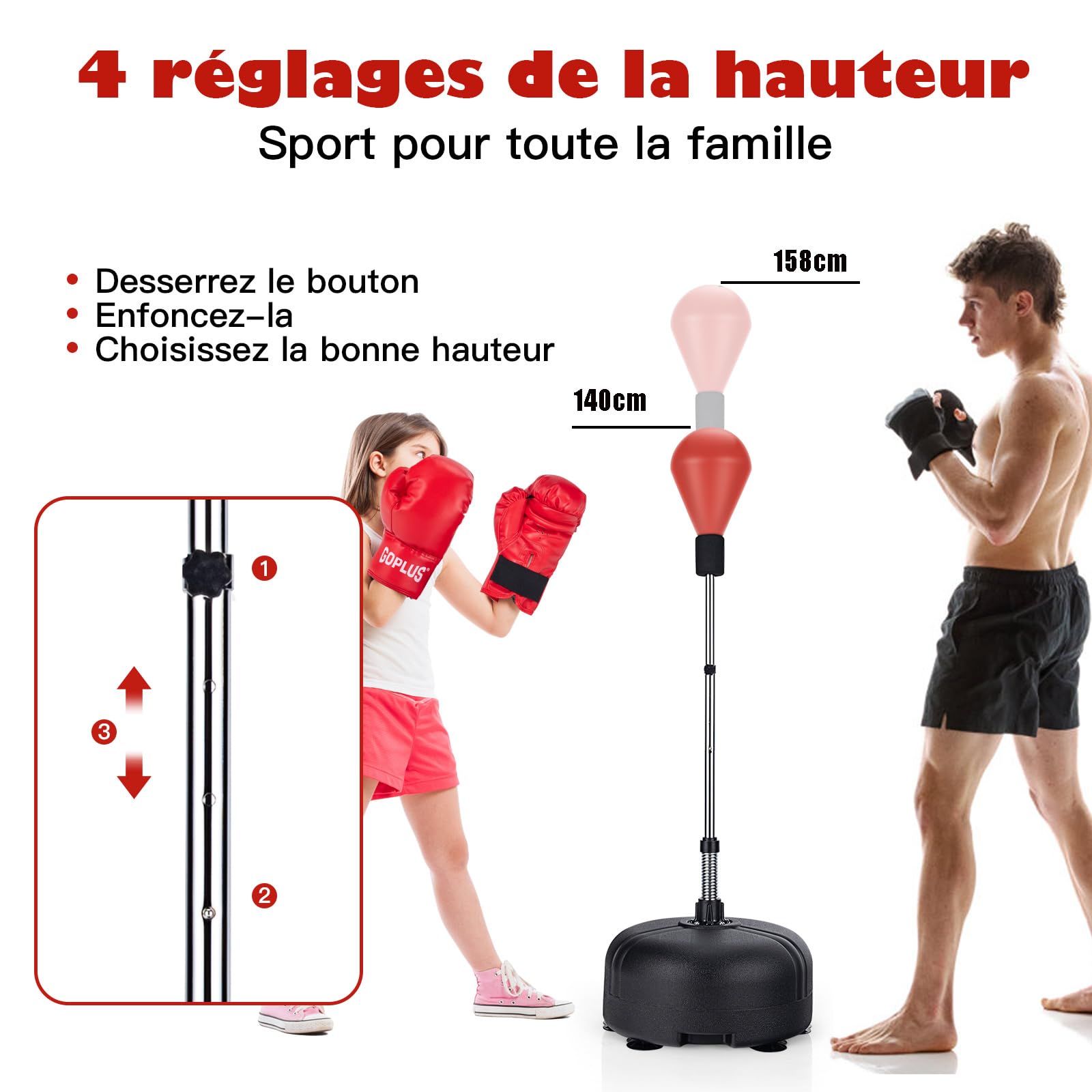 COSTWAY Punching Ball sur Pied Réglable avec Gants Sac de Frappe Boxe Base Lesté avec Ventouses
