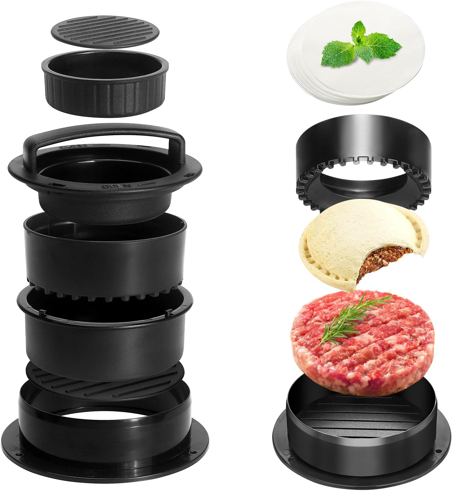 Hamburger Patty Maker, 4-in-1 Burger Press Patty Maker Slider, Stuffed Burgers & Sandwiches Cutter, Hamburger Patty Maker for Home Cooks and Burger Lovers with 100 pcs Wax Disc Papers