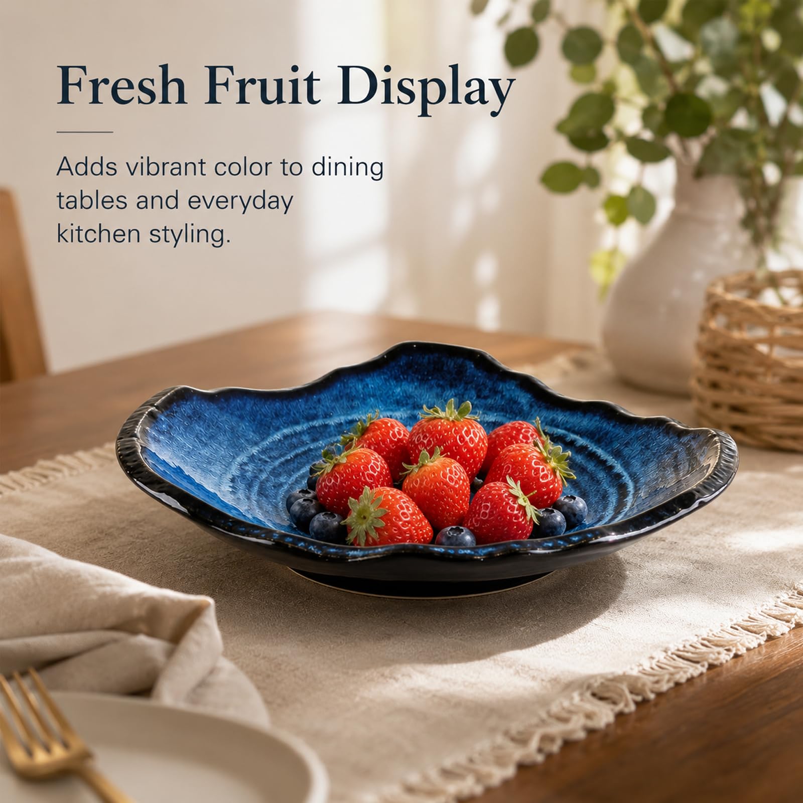 Bol décoratif en céramique bleu de 30,5 cm, bol à fruits, plat à bonbons, bol à clés pour table d'entrée, plat à bijoux, plateau à bijoux, fourre-tout en porcelaine pour comptoir de cuisine, table de