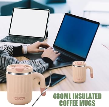 Coffee Cup Travel Mug, 480ml Stainless Steel Insulated Water Bottle, Reusable Thermal Coffee Cup with Leak-Proof Sliding Lid, Double Wall Insulation for Hot & Cold Drink
