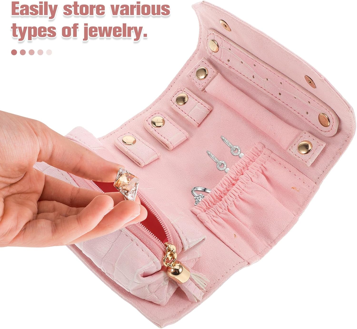 Portable Jewelry Organizer Pouch Travel Earring Holder Roll Bag with Embossed Pattern Multi-use Compact Storage for Necklaces Rings Ear Studs Lightweight Jewelry Travel Case for