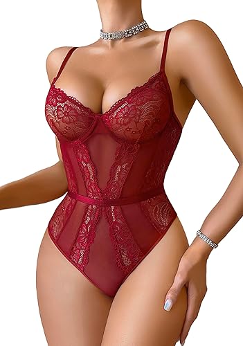 Avidlove Women Lingerie Bodysuit Lace Teddy Snap Crotch One Piece Underwire Babydoll - Wine Red - X-Large