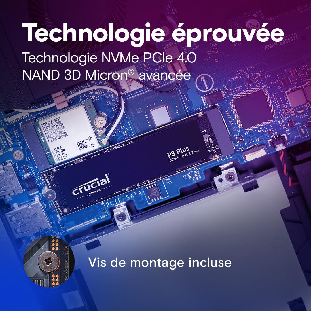 Crucial P3 Plus SSD 1To PCIe Gen4 NVMe M.2 SSD Interne, Jusqu’à 5.000 Mo/s, Compatible avec Ordinateur Portable et de Bureau, Disque Dur SSD - CT1000P3PSSD801