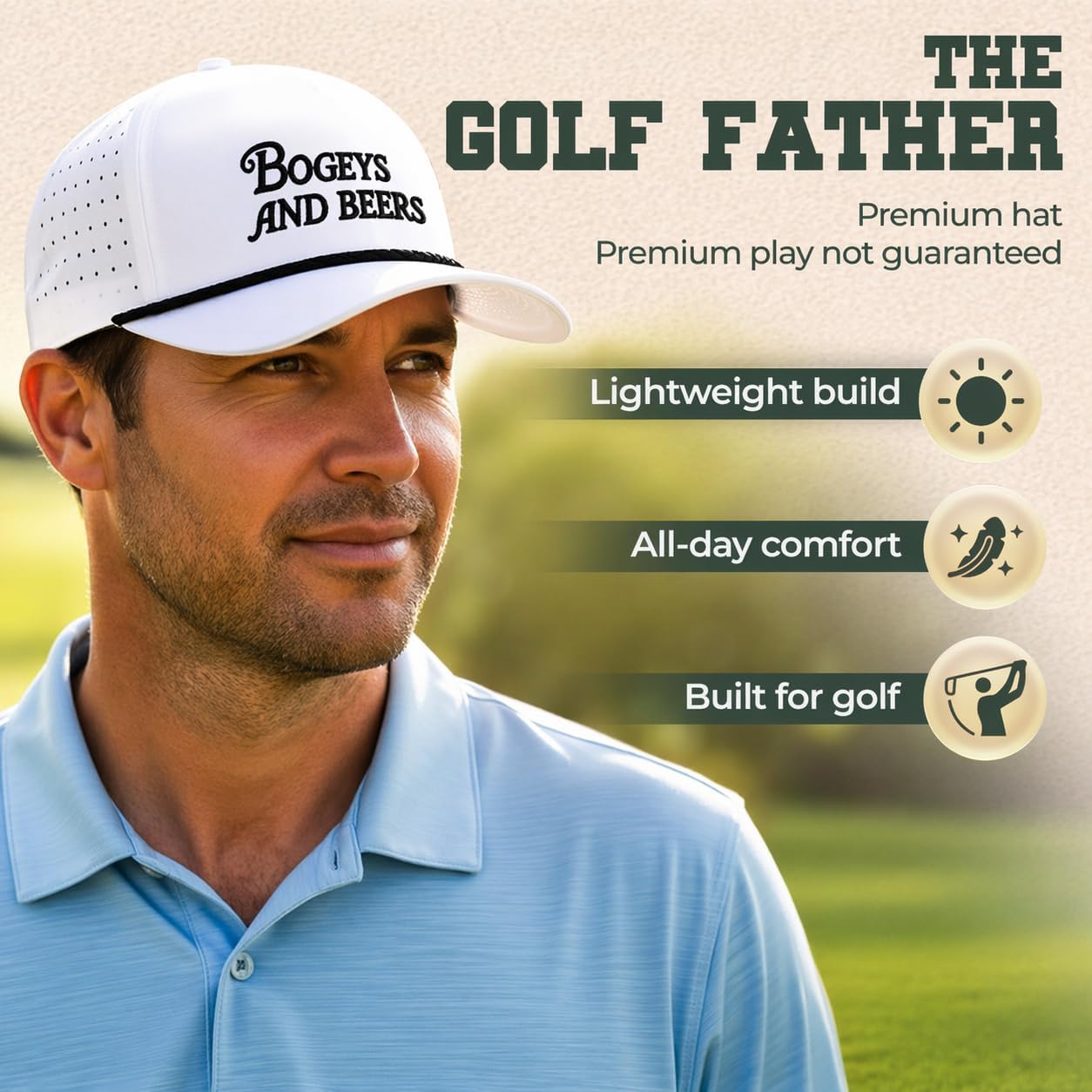 Bogeys and Beers Funny Rope White with Black Rope and Letters, Performance Blend, Adjustable Snapback, Moisture Wicking Golf Hat