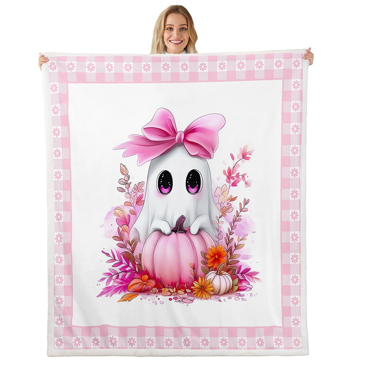 Couverture motif fantôme mignon plaid halloween rose à carreaux idée cadeau enfant