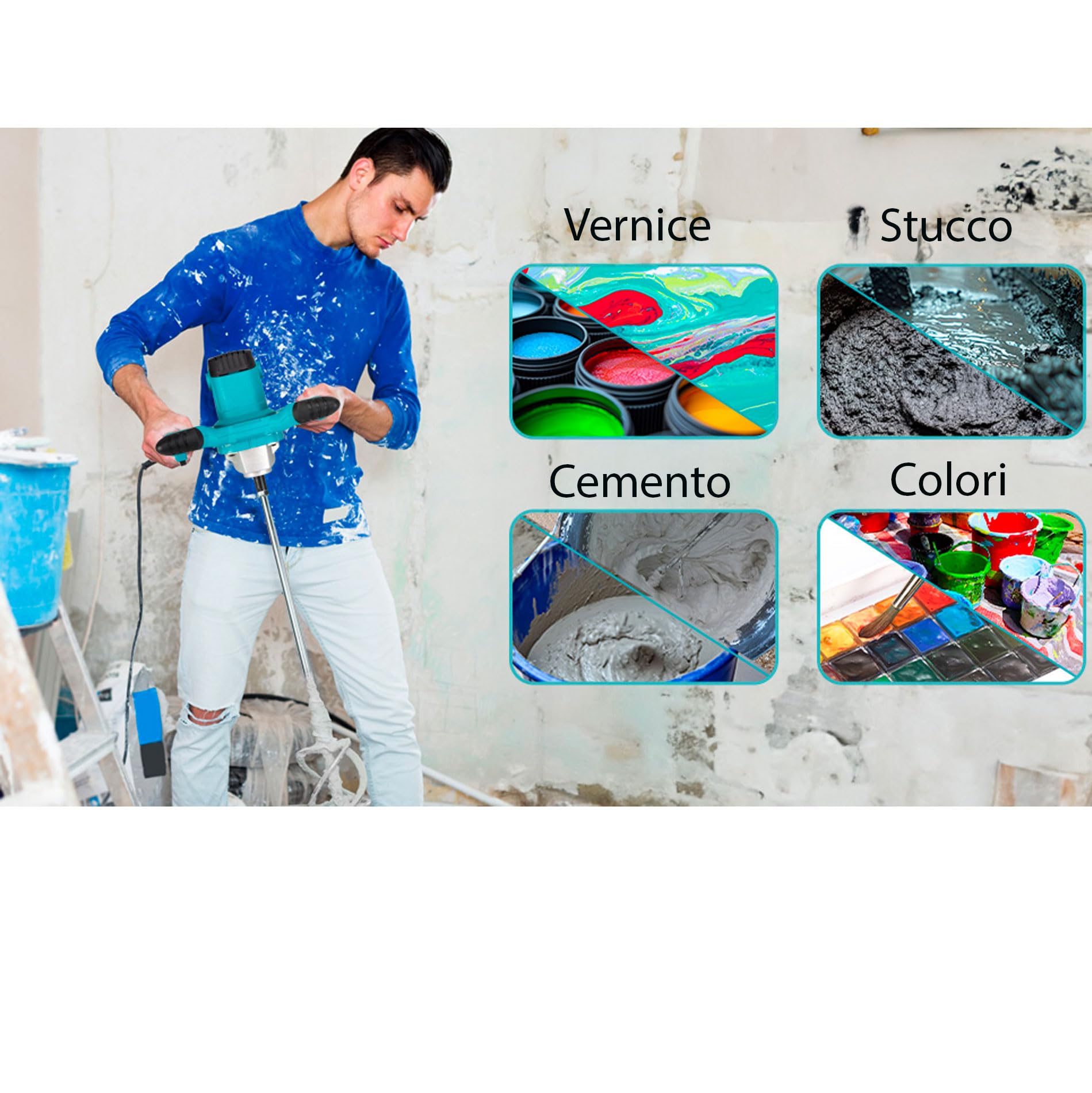 081 Store - Miscelatore per cemento industriale, 1860 Watt, 2 ANNI DI GARANZIA, Miscelatore elettrico a 6 marce, Agitatore Professionale M14 per Malta, Colla, Vernici e Stucchi