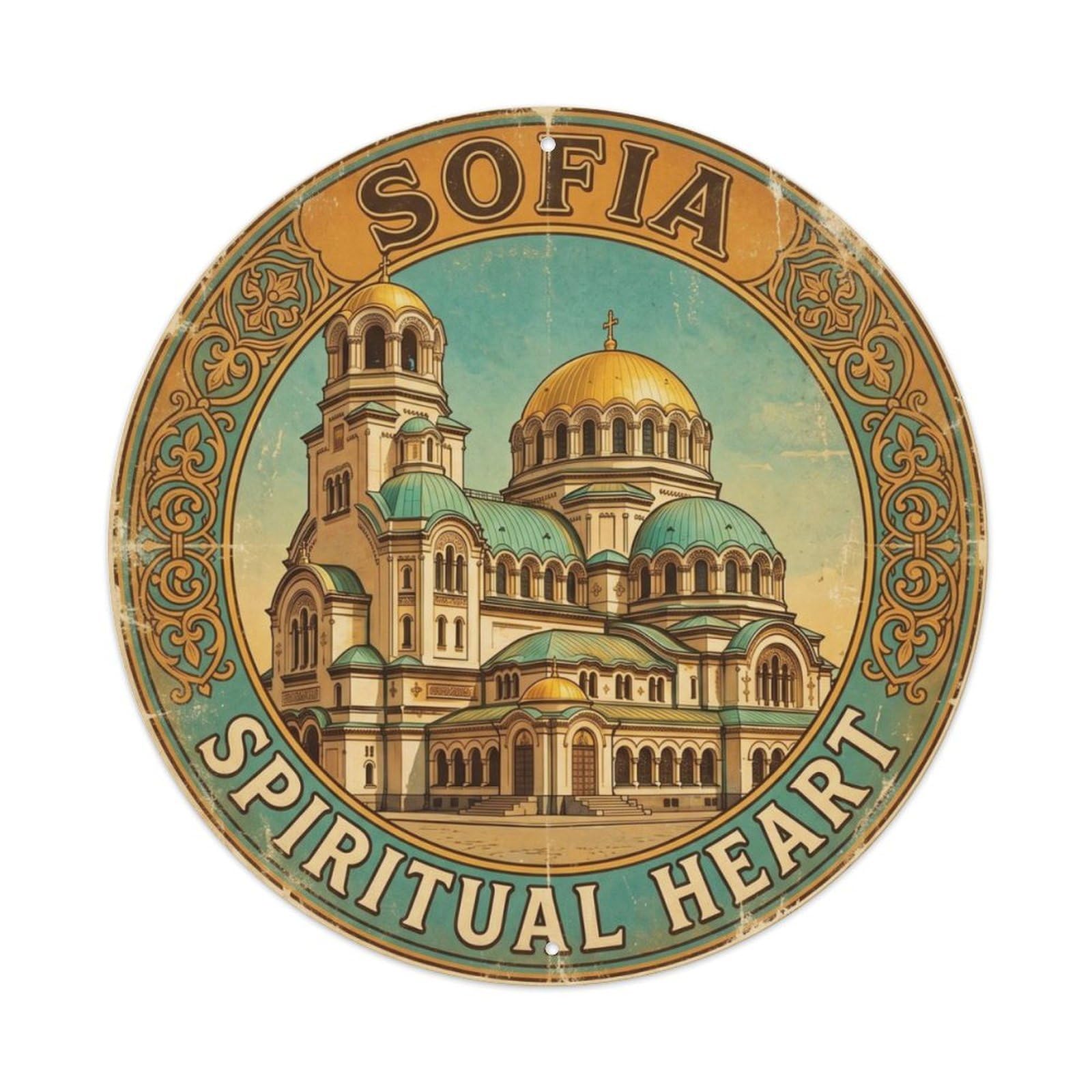 Vintage Travel Cathedral Sofia Bulgaria Metal Tin Sign Plaque Wall Decor for Cafe, Club Bar, Office, Home Garden Round Metal Poster 8x8Inch