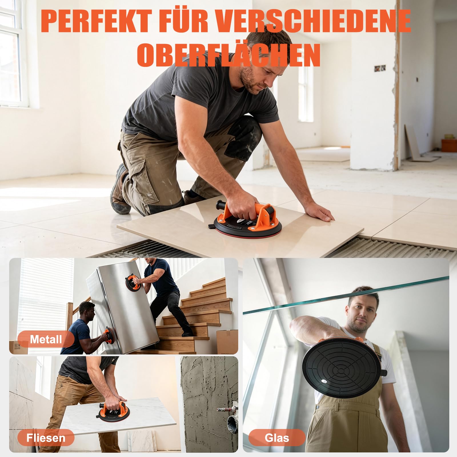Saugnapf Saugheber, 8-Zoll Vakuumheber für Glas & Fliesen, 2er-Set | Vakuumheber mit Griffpumpe für Glas, Fliesen, Granit, Fenster und Windschutzscheiben bei Montage und Transport