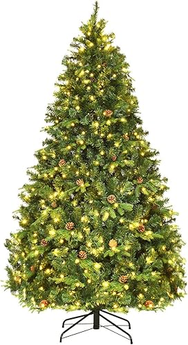 Miniatura 8 de Goplus Árbol de Navidad artificial preiluminado de 7.5 pies, árbol de abeto con bisagras de alta calidad con 540 luces LED y conos de pino, árbol de